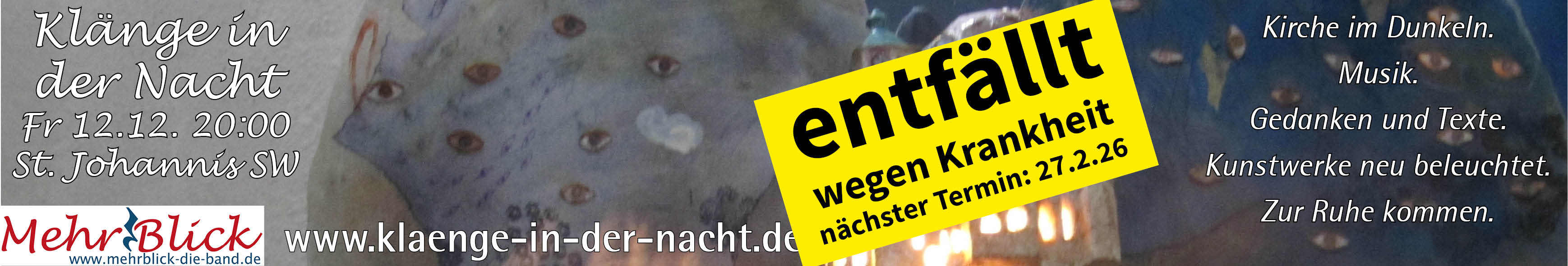 Ein Krippenengel hält die St. Johanniskirche in der Hand. Darüber ein Schriftzug "entfällt wegen Krankheit. Nächster Termin: 27.2.26"