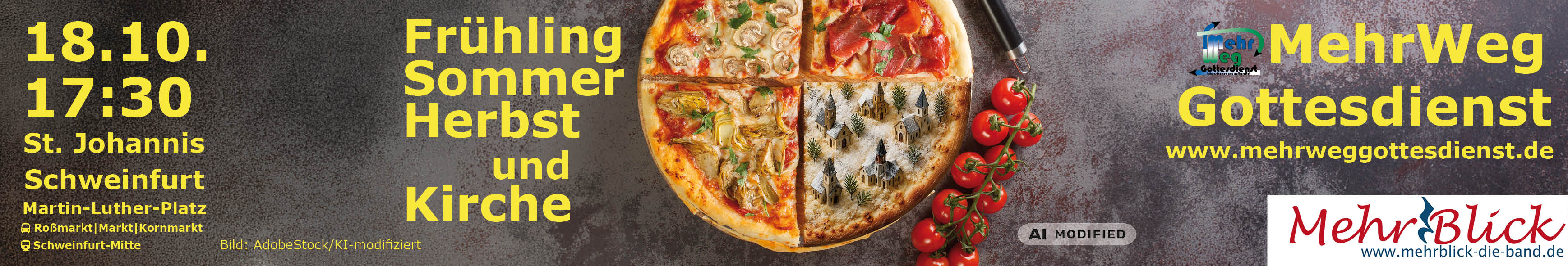 Eine Pizza vier Jahreszeiten. Auf dem "Winter"-Viertel sind kleine Kirchen zu sehen.