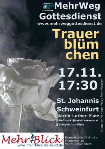 Plakat des MehrWegGottesdienstes. Eine weiße Rose vor schwarzem Hintergrund mit etwas Nebel außenrum.