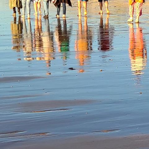 Eine Gruppe geht am Strand spazieren. Man sieht nur die Beine, die sich im Meerwasser spiegeln.