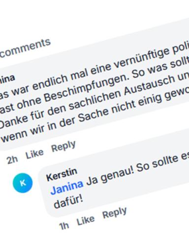 fingierte Kommentare auf Facebook in einem Auszug. Der zu erkennende Textausschnitt bedankt sich für die rücksichtsvolle Diskussion, auch wenn sie sich in der Sache nicht einigen konnten.