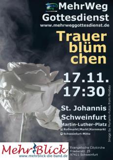 Plakat des MehrWegGottesdienstes. Eine weiße Rose vor schwarzem Hintergrund mit etwas Nebel außenrum.