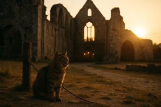  Eine Katze sitzt angeleint vor einer alten Klosterkirche. Die Szene wirkt friedlich, aber auch leicht absurd.