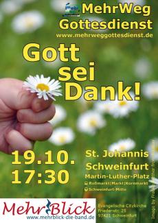 Plakat des MehrWegGottesdienstes: Eine Kinderhand hält ein Gänseblümchen, im Hintergrund unscharf eine Wiese mit noch mehr Blumen.