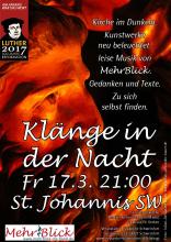 Plakat "Klänge in der Nacht": Mose unter der Kanzel, rot angestrahlt.