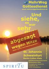 Sonnenuntergang am Baggersee. Die Sonne spiegelt sich im Wasser. Text: abgesagt wegen Hitze - neuer Termin wird bekanntgegeben.
